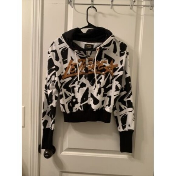 Le Tigre Printed White Black Orange Glitter Crop Pullover Hoodie Size M